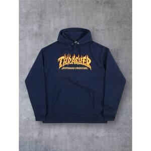 Vtg Thrasher Magazine Flame Logo Hoodie Mens Med Navy Blue Skateboard Sweatshirt